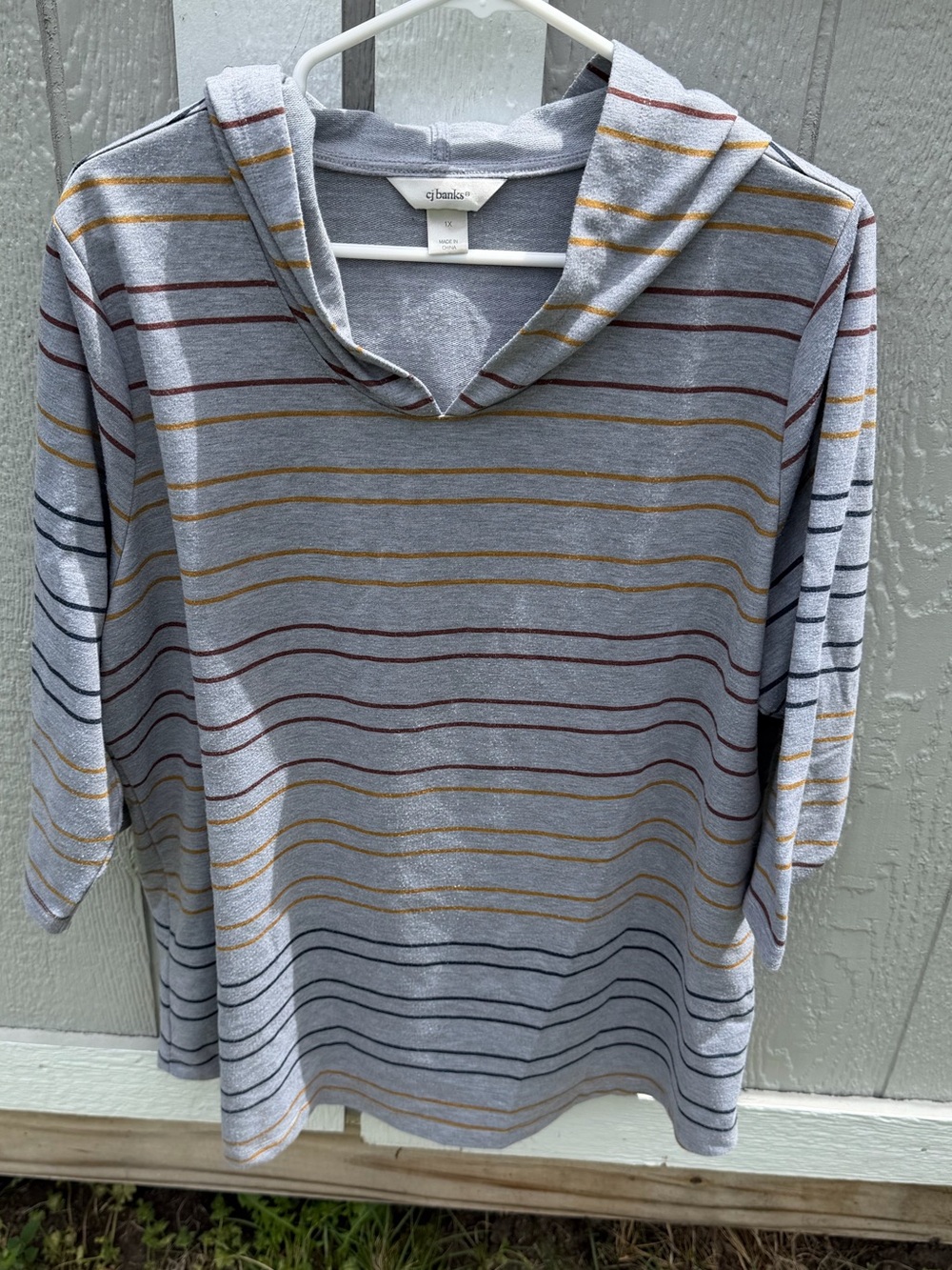 1x - CJ Banks Light Weight Gray Stripped Hooded Pullover Top